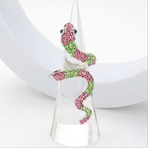 Pink & Green Wrapped Snake Rhinestone Crystal Finger Statement Ring Wiggle Coil